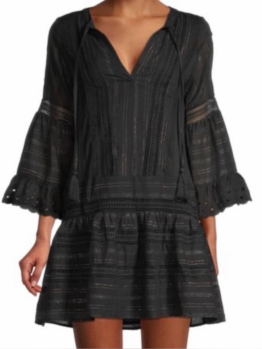 Allison NY Tunic Dress Size S Black Metallic Stripe Lace Trim‎ Boho Chic Peasant